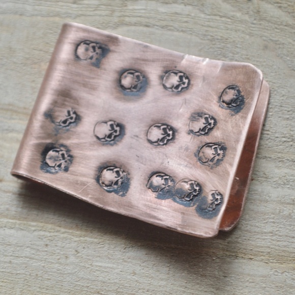 Rustic Skull Solid Copper Money Clip Artisan Handmade Stamped Biker Unisex Gift - Picture 3 of 9